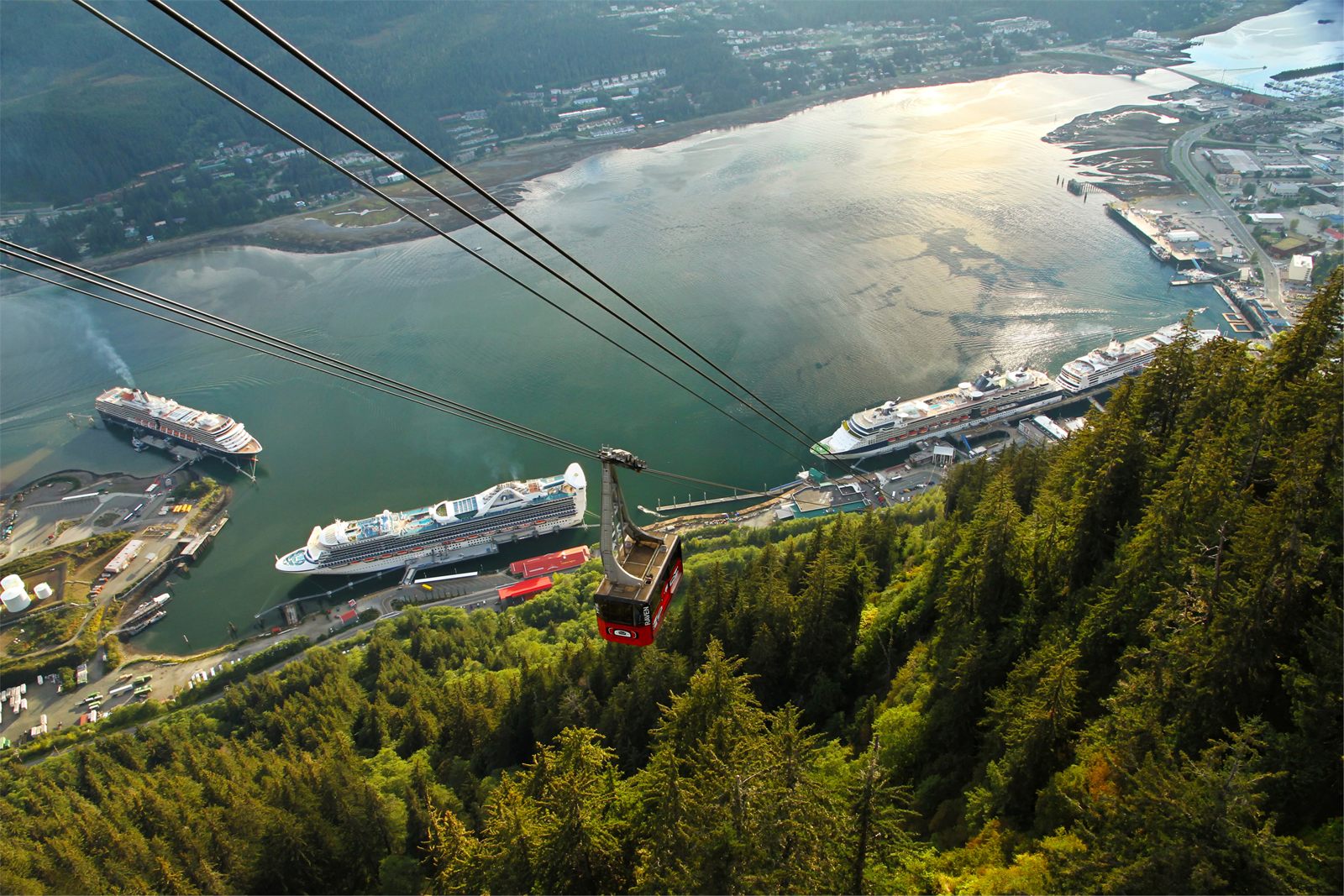 Cruise ships docked in Juneau seen from the Mount Roberts tram